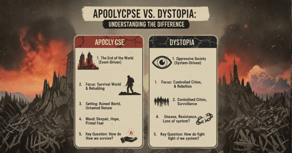 What makes an apocalypse story different from dystopian fiction?